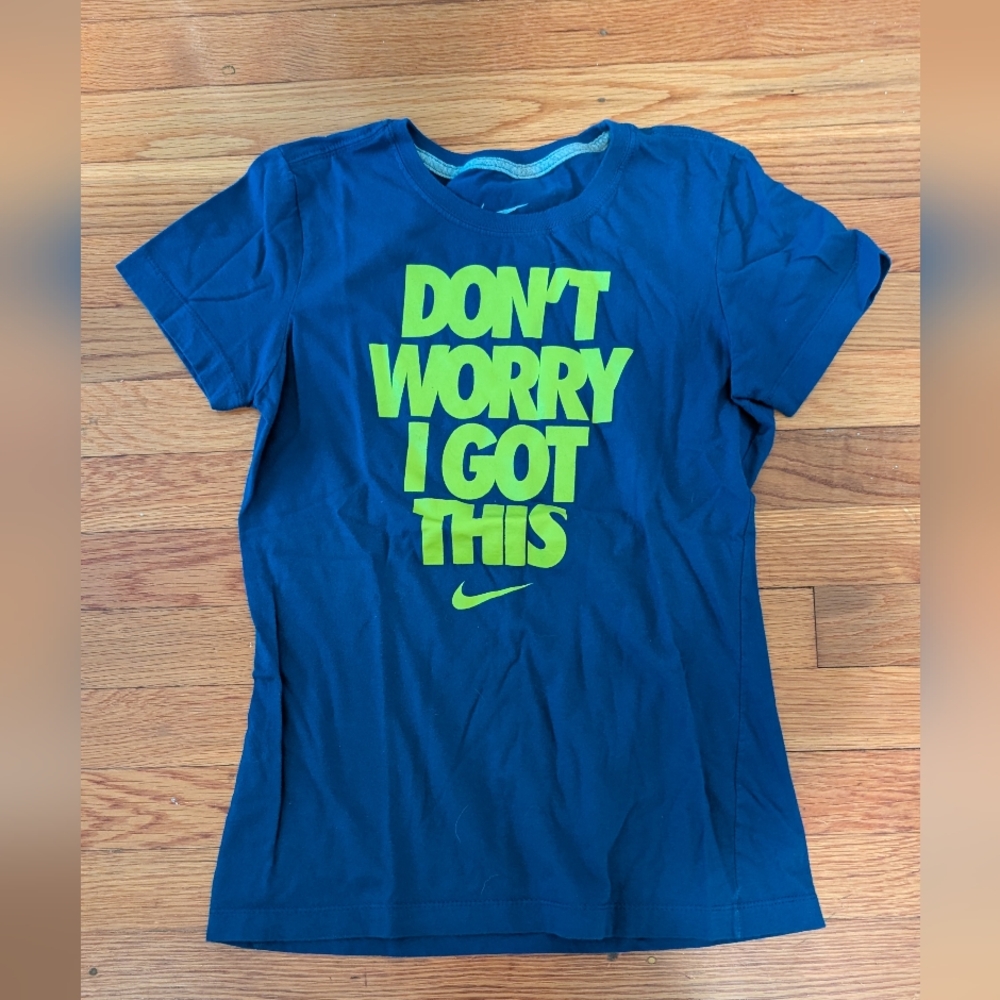 Nike Kids Tee in Blue with Bright Green Text